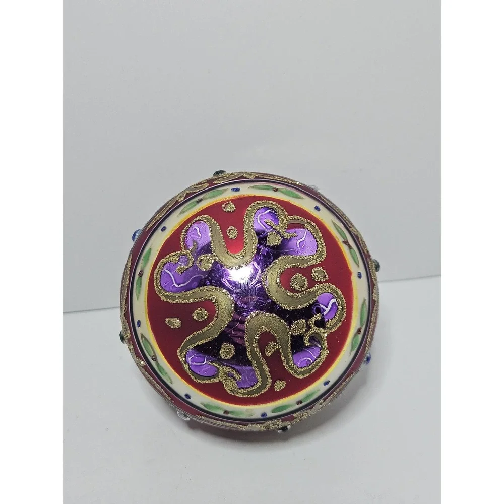 Set of 2 Polish Blown Glass Christmas Ornaments Red Ball Purple Bell Glitter Vtg